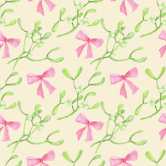 Watercolor seamless pink bow and mistletoe pattern on beige background.Perfect for textile,fabrics.