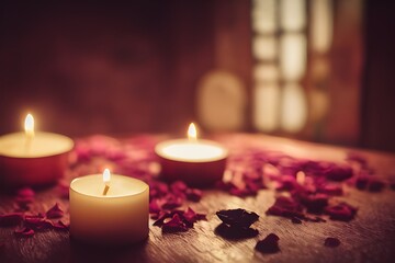 Beautiful closeup of scented candles surrounded by rose petals. 
