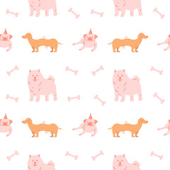 Vector seamless pattern with cute dogs isolated on white background. Pastel breeds with pug, dachshund and samoyed.