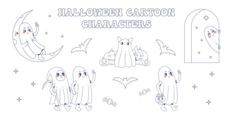 Set of cute Halloween Holiday cartoon characters - Ghosts. Vector clipart in retro cartoon style.