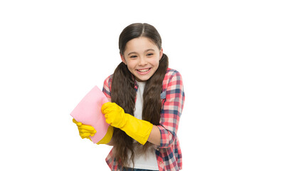 Make household more joyful. Have fun. Cleaning worries away. Everything in its place. Anti allergen cleaning products. Cleaning supplies. Girl wear protective gloves for safe cleaning. Wiping dust