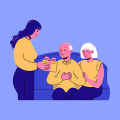 Woman gives a gift for her grandparents. Cute vector flat illustration of family for Thanksgiving, New Year or Christmas.