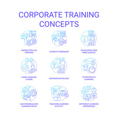 Corporate training blue gradient concept icons set. Development in workplace idea thin line color illustrations. Conduct webinars. Isolated symbols. Roboto-Medium, Myriad Pro-Bold fonts used
