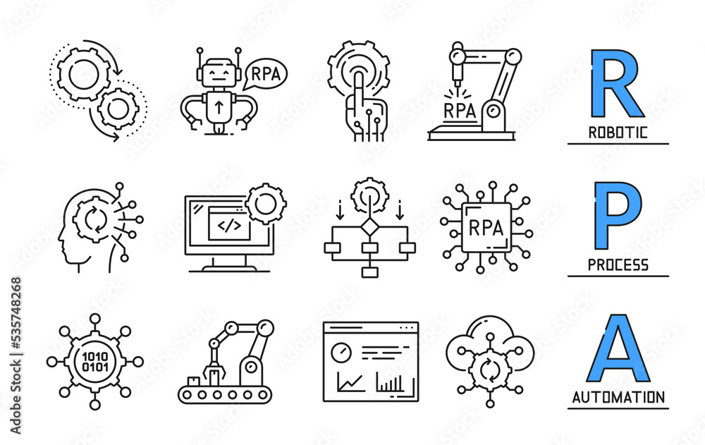 Poster rpa icons, robotic automation process and ai technology, vector industry robot symbols. rpa line ico