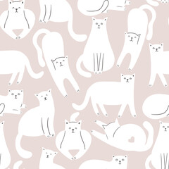 Childish seamless pattern with white cats and flowers. Vector background in Scandinavian style. It can be used for nursery, print, decoration, wallpaper, apparel. 
