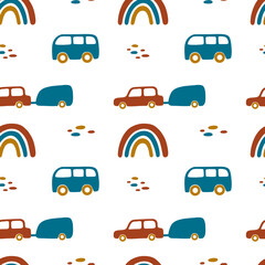 Vector seamless children simple pattern with cars and rainbows in red, yellow and brown colors on a white background. Cute cartoon illustration for print, fabric, textile, background, wallpaper.