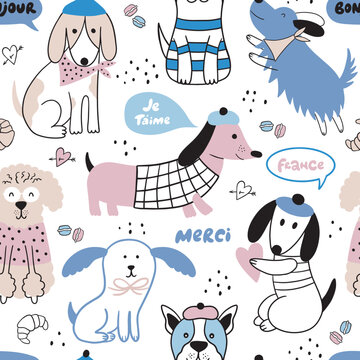 Cute seamless pattern with doodle dogs, short phrases, speech bubbles. Vector background in Scandinavian style. It can be used for wallpaper, apparel, textile, print, paper. 