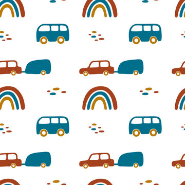 Vector seamless children simple pattern with cars and rainbows in red, yellow and brown colors on a white background. Cute cartoon illustration for print, fabric, textile, background, wallpaper.