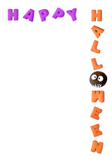 HAPPY HALLOWEEN typography made with alphabet cookies and chocolate ghost bun on transparent background, png file