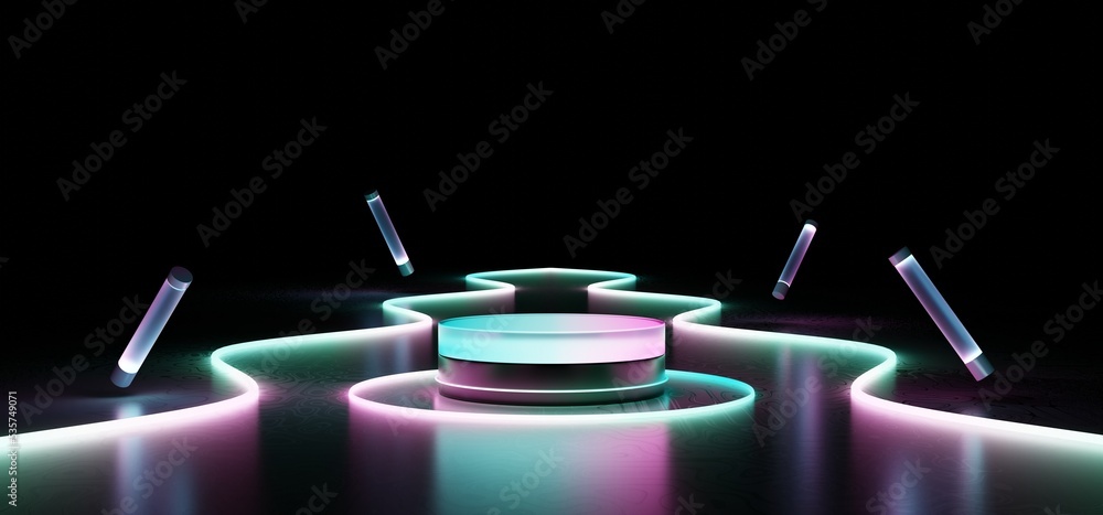 Poster 3d rendering neon display stand products colored luminous geometric podium shape on a black backgrou