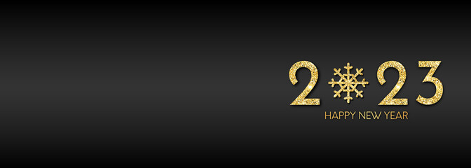 Happy New Year 2023 Banner. Elegant design of glitter numbers and snowflake.