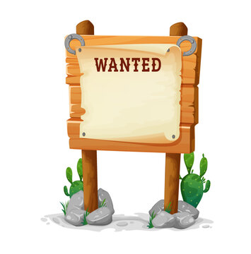 Cartoon Wild West wanted board, wooden sign or signboard, vector background. Western wanted dead or alive reward sign on wooden board poster with horseshoe and cactus in Texas or Arizona desert
