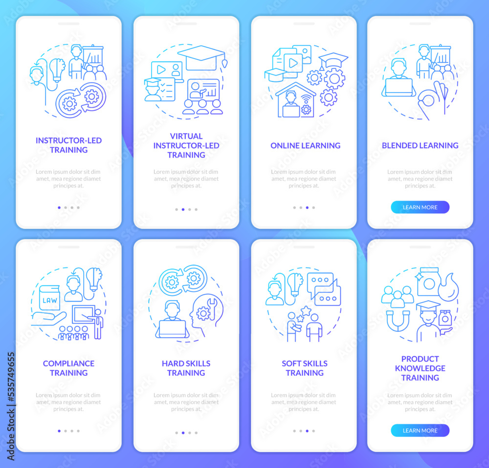 Aufkleber successful training program blue gradient onboarding mobile app screen set. walkthrough 4 steps grap