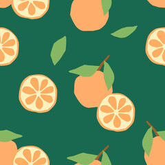 Green abstract seamless pattern orange fruits in flat style. Vector wallpaper perfect for textiles or surface design