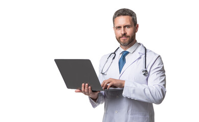 Telehealth doctor using laptop. Serious medical man in white coat. Telehealth care. Ehealth. Digital healthcare