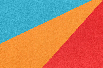 Old craft red, blue and orange color paper background, macro. Structure of vintage abstract cerulean cardboard