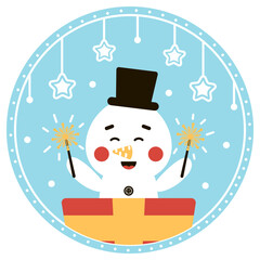 Christmas ball with cute snowman character jumping out from gift box, greeting card design, funny winter animal illustration in circle in cartoon style