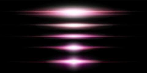 Purple horizontal lens flares pack. Glowing purple, pink light effects isolated on transparent background. Laser beams, light rays. Set of abstract lens flares, glowing stars and sparkles. Vector.