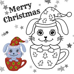 Christmas coloring page about bunny. On white backgound, printable with high quality.