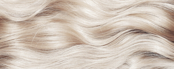 Blond hair close-up as a background. Women's long blonde hair. Beautifully styled wavy shiny curls....