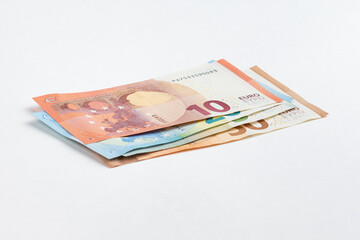 5, 10, 20, 50 euro banknotes. Money on white background