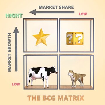 BCG Matrix. Star question marks cash cow and dog with icons in a Matrix. 3D illustration Infographic template