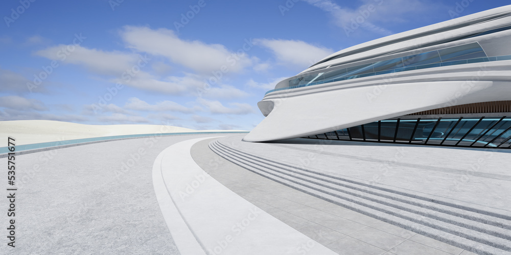 Poster empty floor with modern futuristic streamlined design building