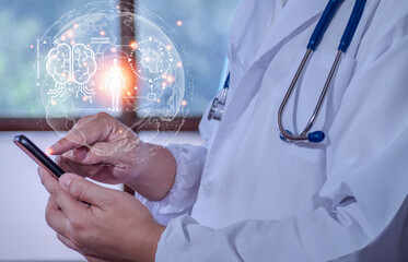 Medicine doctor and stethoscope touching electronic icon medical network record on smart phone and medical technology and futuristic concept in hospital.