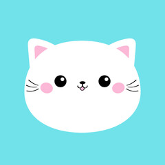 Kawaii white cat round icon. Cartoon funny character. Cute kitten baby girl animal. Love Greeting card. Black silhouette sticker. Flat design style. Happy Valentines Day. Blue background.