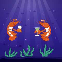 Cartoon shrimps with wine and beer