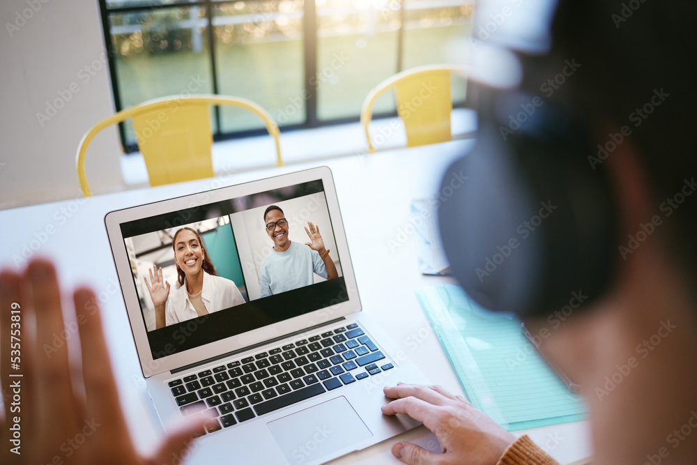 Poster student video call, webinar or presentation meeting with laptop, headphone or computer for networkin
