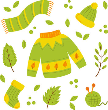 Green warm clothes for autumn. Vector illustration.