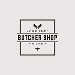 Vintage Retro Badge Emblem Crossed Cleaver Knife with Angus Head for Butcher shop Logo Design Linear Style