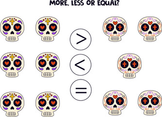 More, less, equal with hand drawn Mexican skulls.