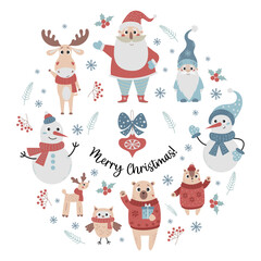 Set Christmas cartoon characters. Old man Santa Claus, gnome, snowman, cute animals bear and chipmunk, deer, elk and owl in knitted clothes. Isolated vector characters for New Years design and decor