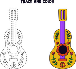 Trace and color cute hand drawn Mexican guitar. Worksheet for children.