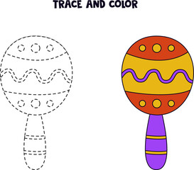 Trace and color cute hand drawn Mexican maracas. Worksheet for children.
