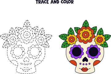 Trace and color cute hand drawn Mexican skull. Worksheet for children.