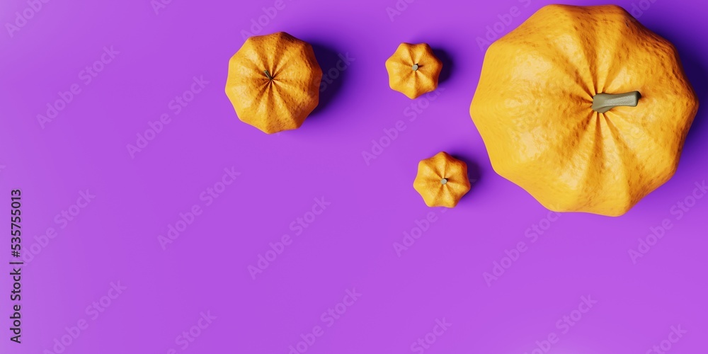 Poster 3d rendering minimal purple background with pumpkins on top view. 3d render illustration