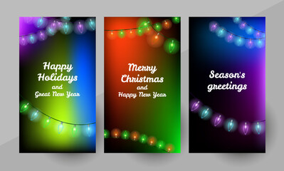 Season's greetings, Christmas and New Year stories collection for social media. Holiday greeting's on vibrant colorful background with lights. Vector illustration.