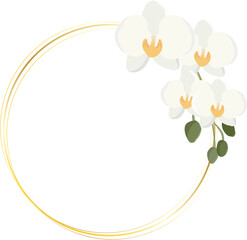 minimal flat style white Phalaenopsis orchid wreath with golden frame