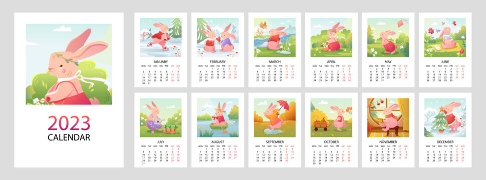Calendar 2023 with cute bunny. Covers and 12 month vector pages rabbit character symbol year.  Seasonal vector illustration in cartoon style.