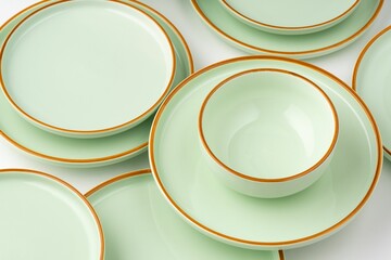 Set of pastel green ceramic tableware with orange outlines