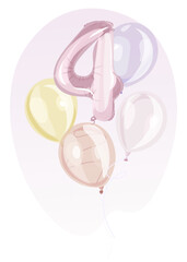 Rainbow birthday balloons decoration set. Number Four. Girl fourth birthday pastel transparent, foil balloons. celebration, event, congratulations concept. Cute vector illustration.