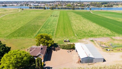 Agricultural, green fields and countryside houses by the riverbed, aerial