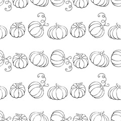 Vector seamless pattern with outline pumpkins in doodle style. Halloween or thanksgiving background and texture.