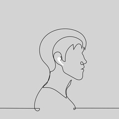 male portrait in profile with wireless white earphone in ear - one line drawing vector. concept music lover in wireless headphones