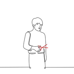 man standing with open scissors - one line drawing vector. concept buying new scissors, cutting off excess or a metaphor to cut off or get rid of the past