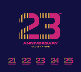 set of colorful birthday celebration icon logos on dark blue background, 21, 22, 23, 24, 25