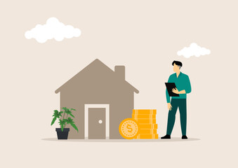 Man counting house price, home insurance cost, property value or rent. Realtor or real estate agent offe, saving and buying apatment. Money and small building, vector illustration concept.